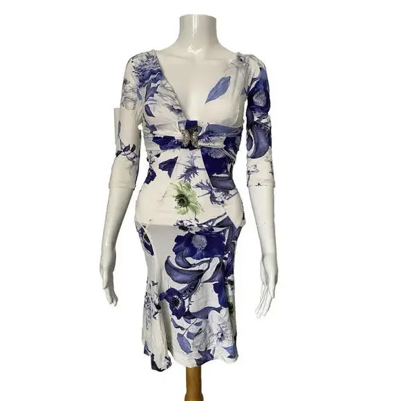 Roberto Cavalli S Multicolor Floral Jersey V-Neck Snake Head Brooch Dress IT-38 - Picture 2 of 9